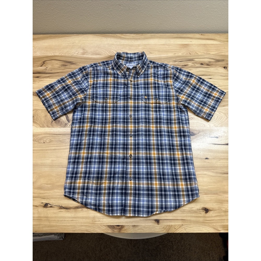 Carhartt 100385 Men's Fort Short Sleeve Blue Brown Plaid Shirt Size Medium